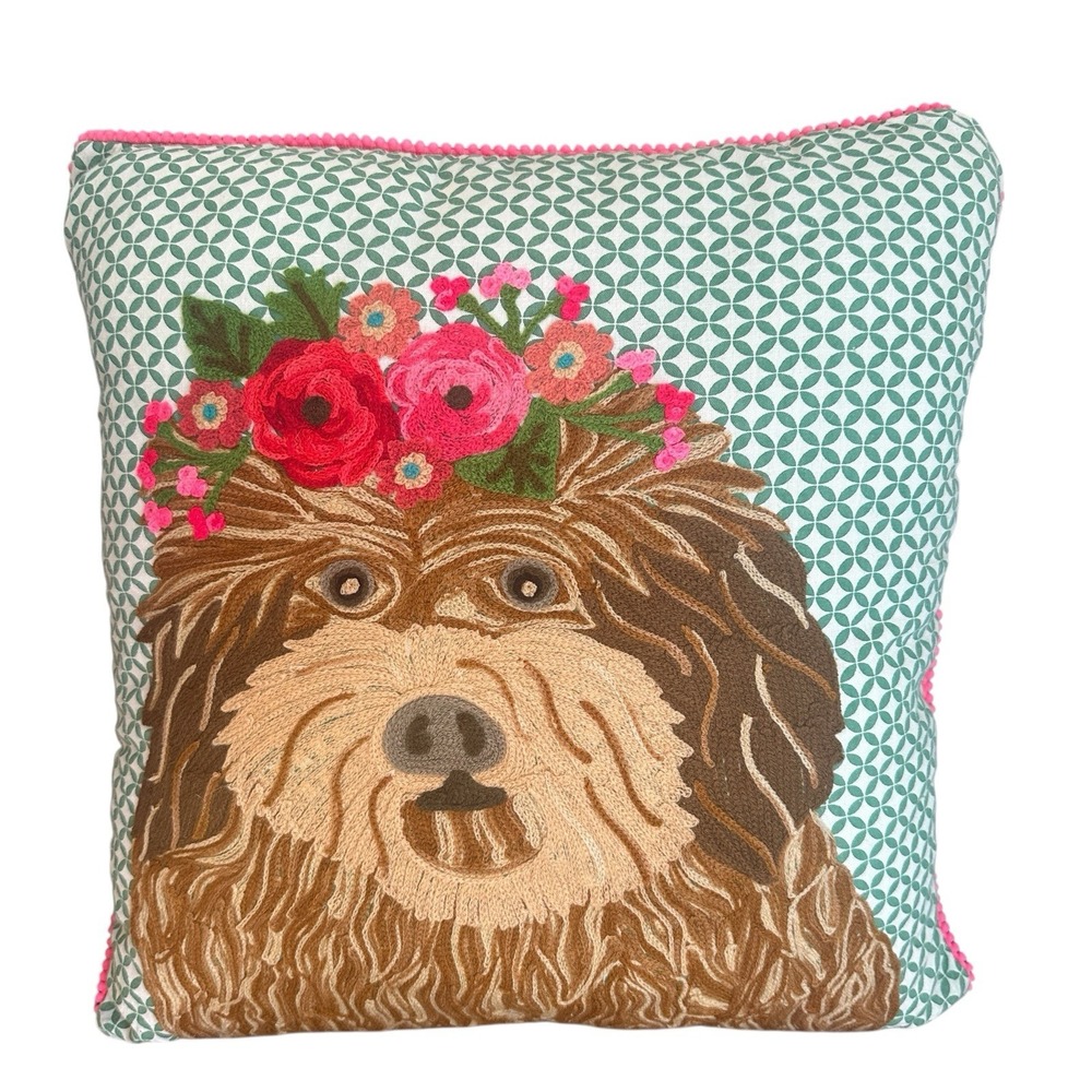 Karma Living Throw Pillow Embroidery Dog Roses Flowers 17 x 17‎ inches Square